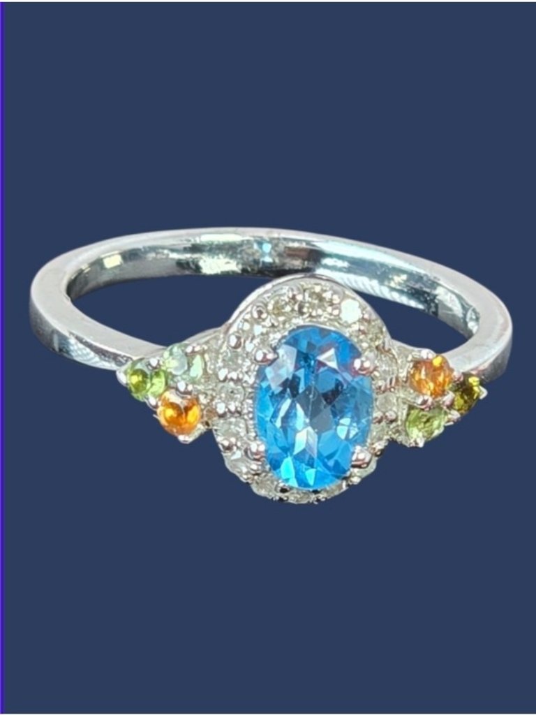 925 Sterling Silver Ring 8 With Natural Blue Topaz Tourmaline Diamonds 165$